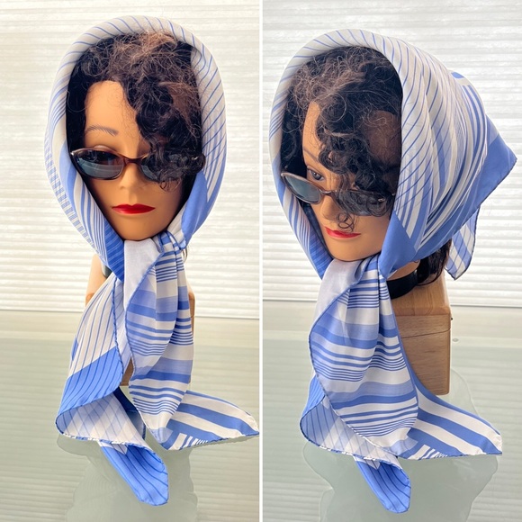 💙Blue Stripe Square Silk Neck Hair Scarf by Lafayette 148 - Picture 3 of 17